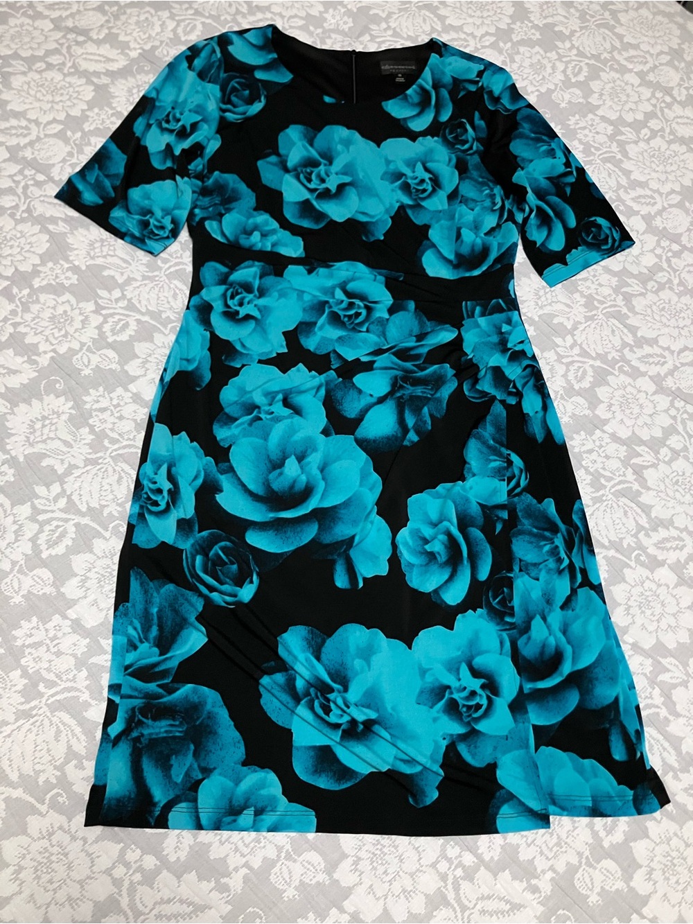 connected apparel Black Dress with Teal Floral Pattern
